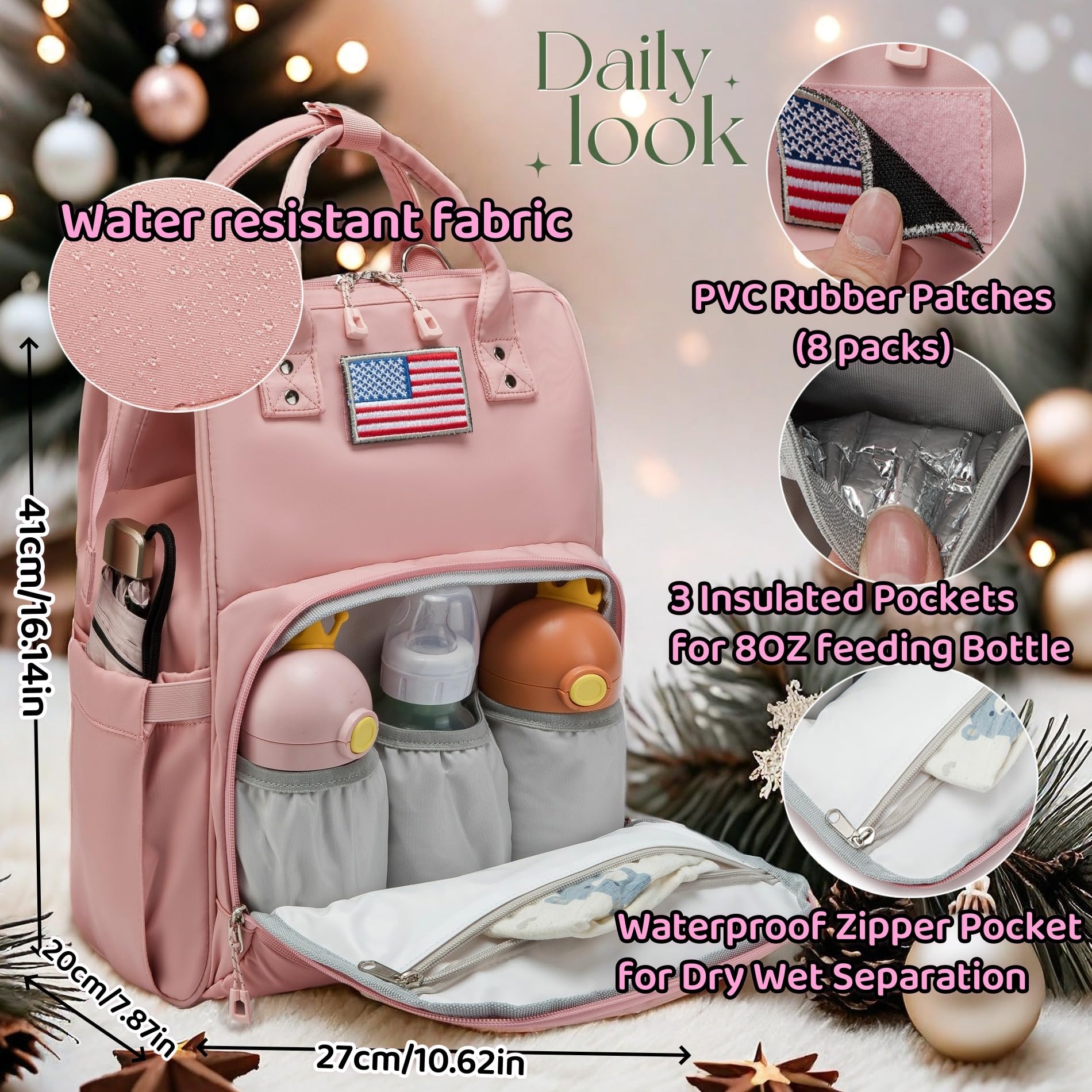 QWREOIA diaper bag backpack stroller straps shows hands free travel for parents.
