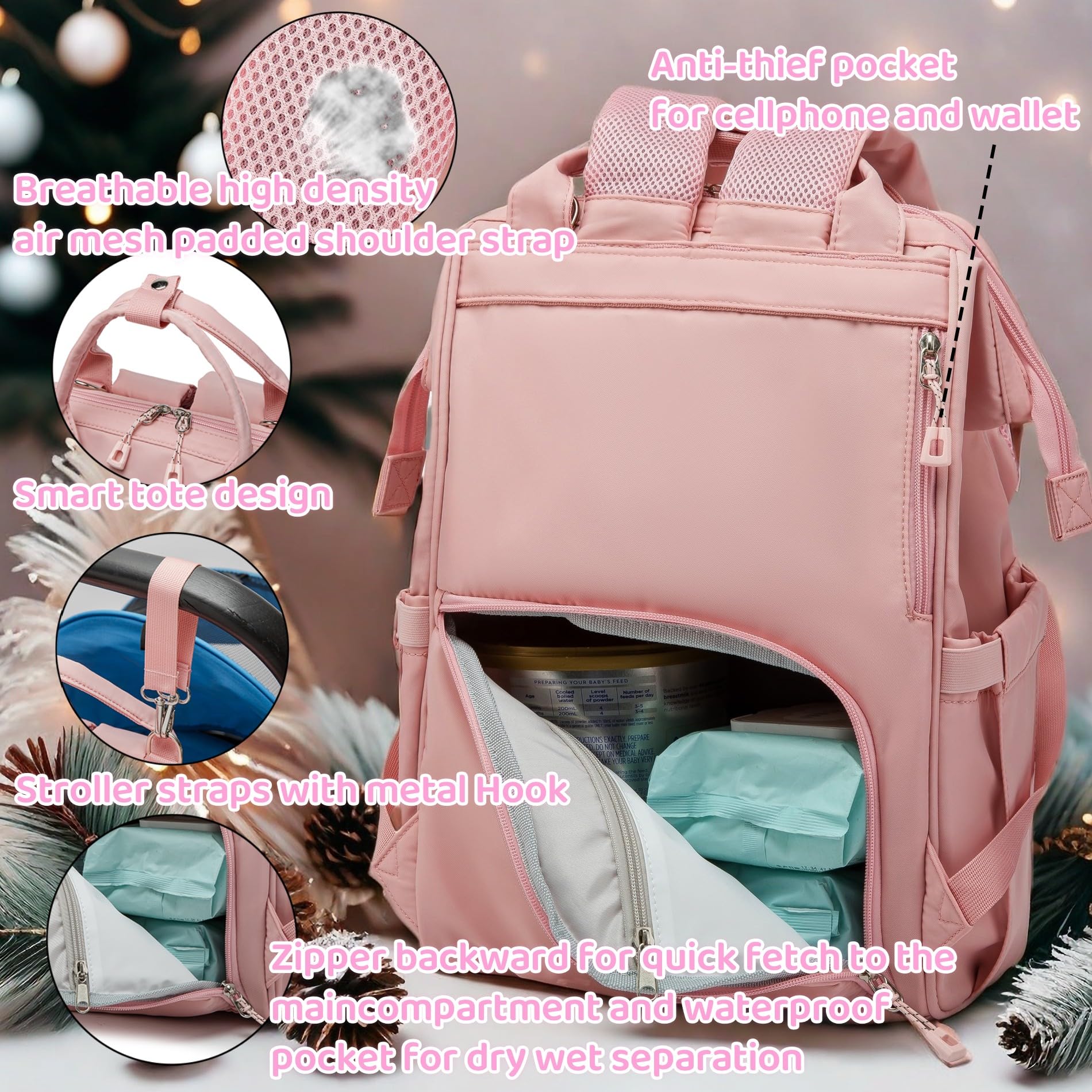 QWREOIA diaper bag backpack USB port enables on the go charging.