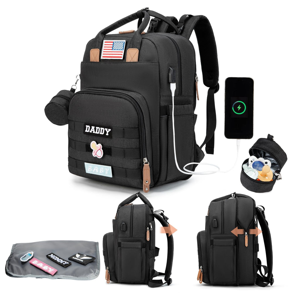 QWREOIA Expandable Diaper Bag Backpack front view features durable vegan leather for everyday travel