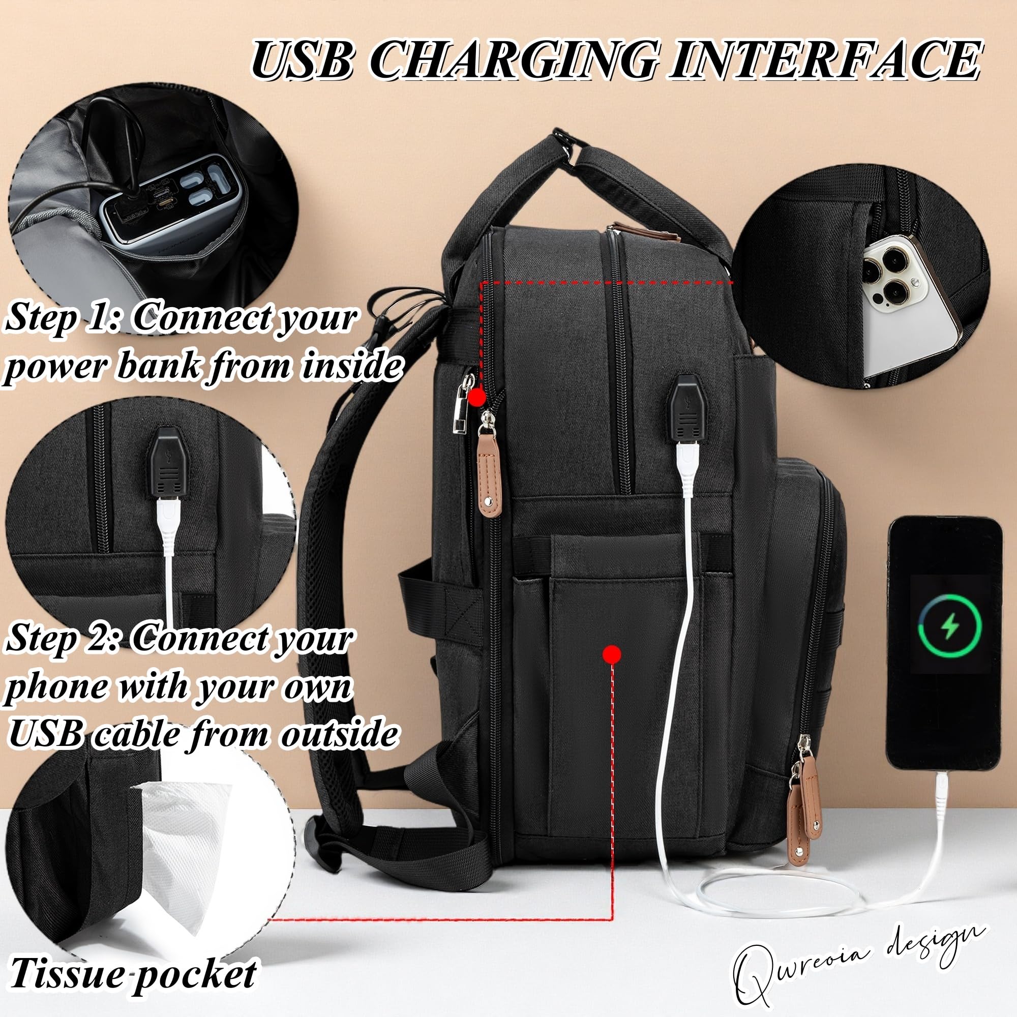 QWREOIA Expandable Diaper Bag Backpack insulated bottle pockets maintain temperature for feeds