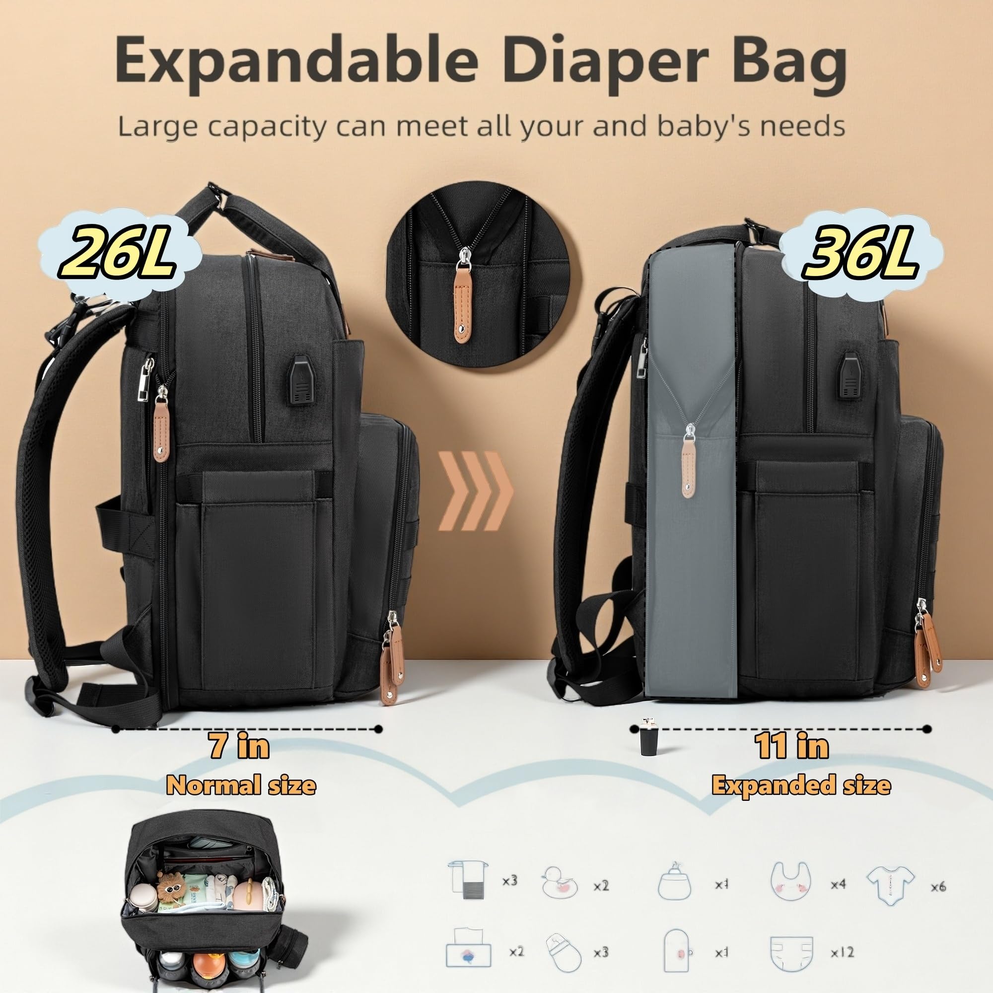 QWREOIA Expandable Diaper Bag Backpack interior organization shows 17 pockets for twins