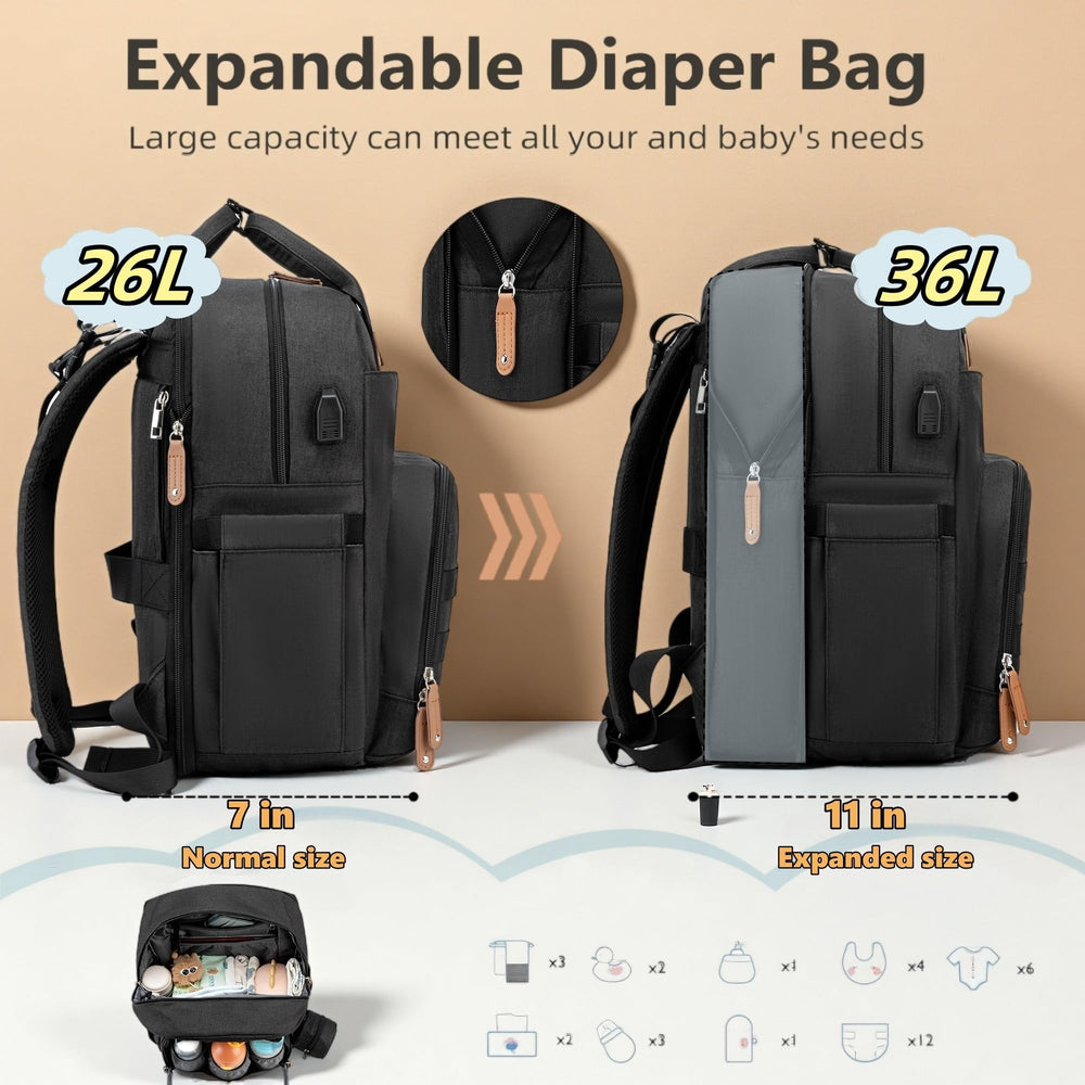 QWREOIA Expandable Diaper Bag Backpack interior organization shows 17 pockets for twins