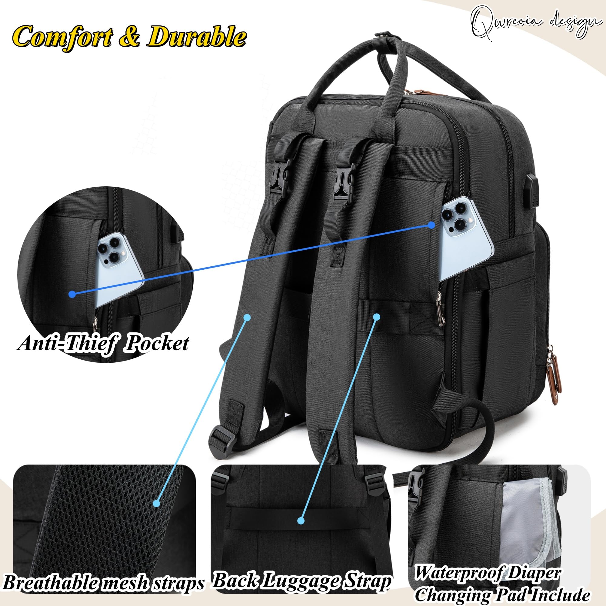 QWREOIA Expandable Diaper Bag Backpack stroller clip enables hands-free parent multitasking