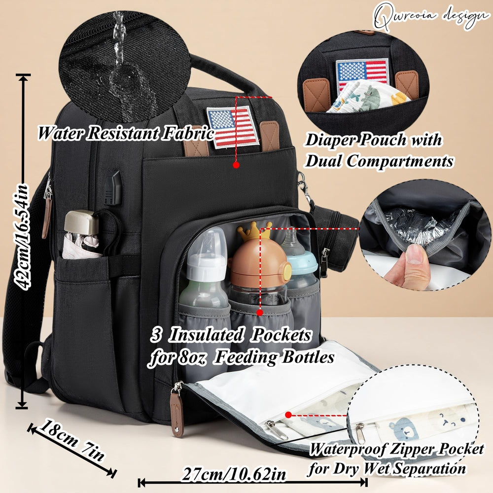 QWREOIA Expandable Diaper Bag Backpack vegan leather material resists wear and wipes clean