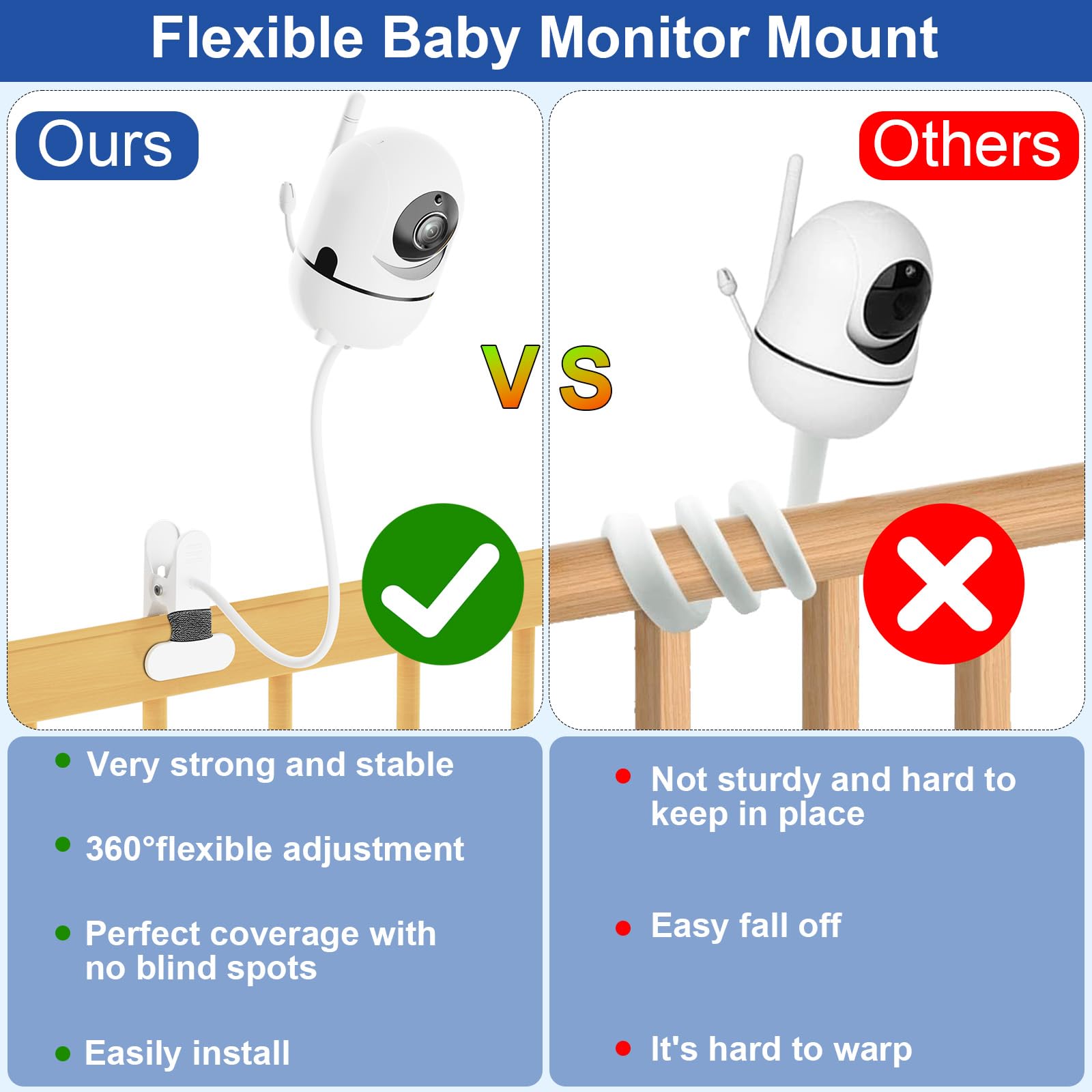 Qwwia baby monitor mount foam-padded clamp protects furniture during mounting.