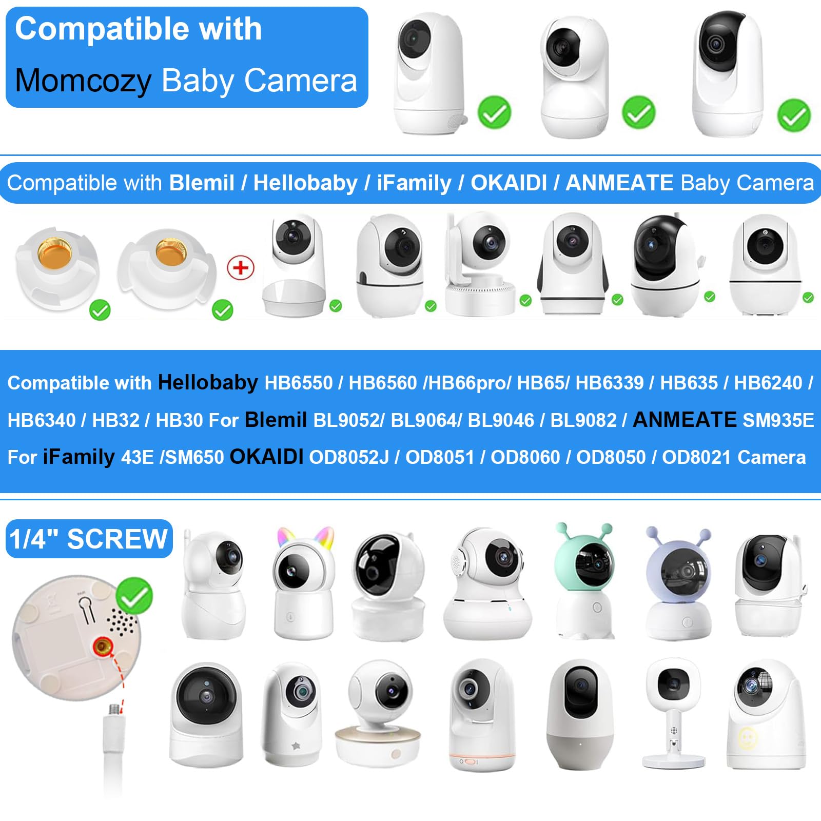 Qwwia adaptor connectors—secure mounting for Hellobaby and Nanit devices.
