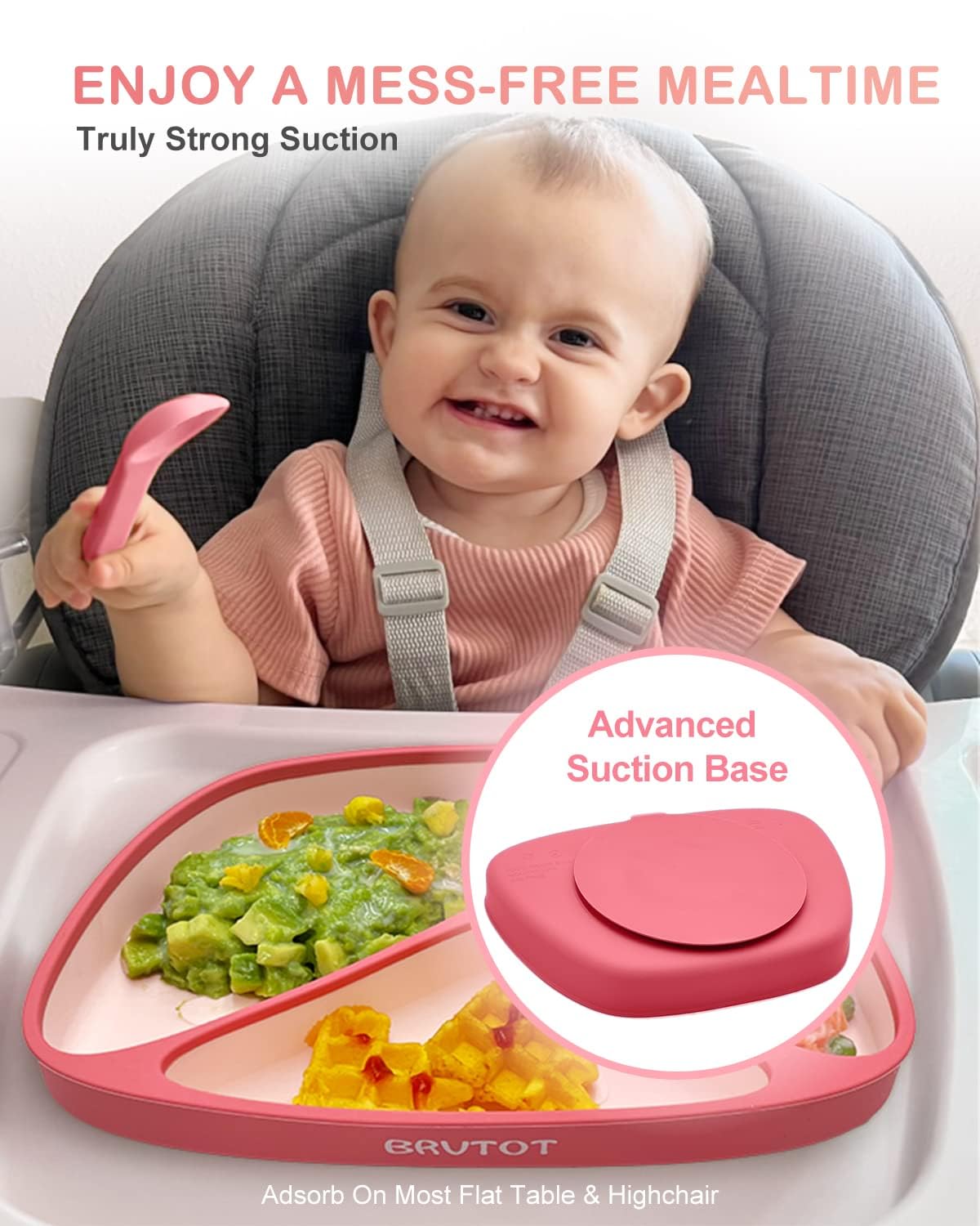 Qyeejong soft silicone spoon with non-slip grip for gentle gum protection.