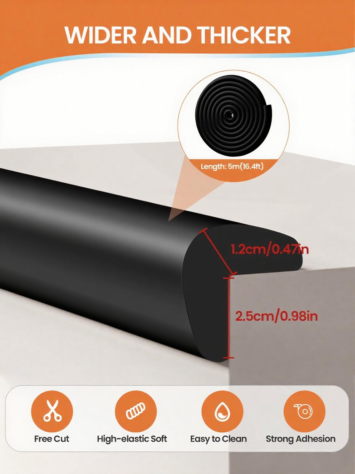 QYV edge corner protector adhesive side up demonstrating strong bond to wood and glass