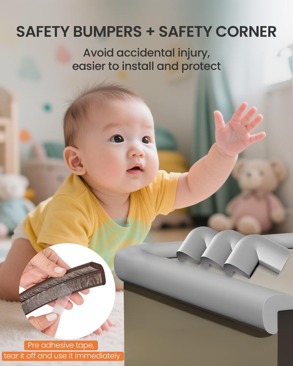 QYV desk and coffee table corner pad guards kids during curious crawling sessions.