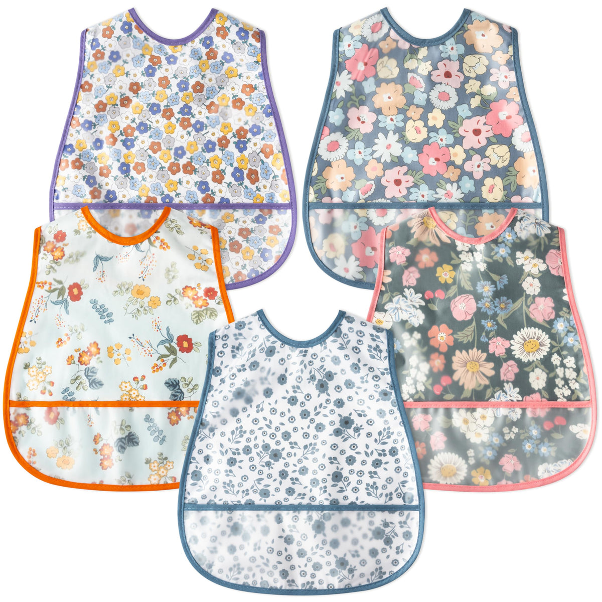 R HORSE 5Pcs baby bibs with soft cotton and waterproof front prevent drool messes during meals.
