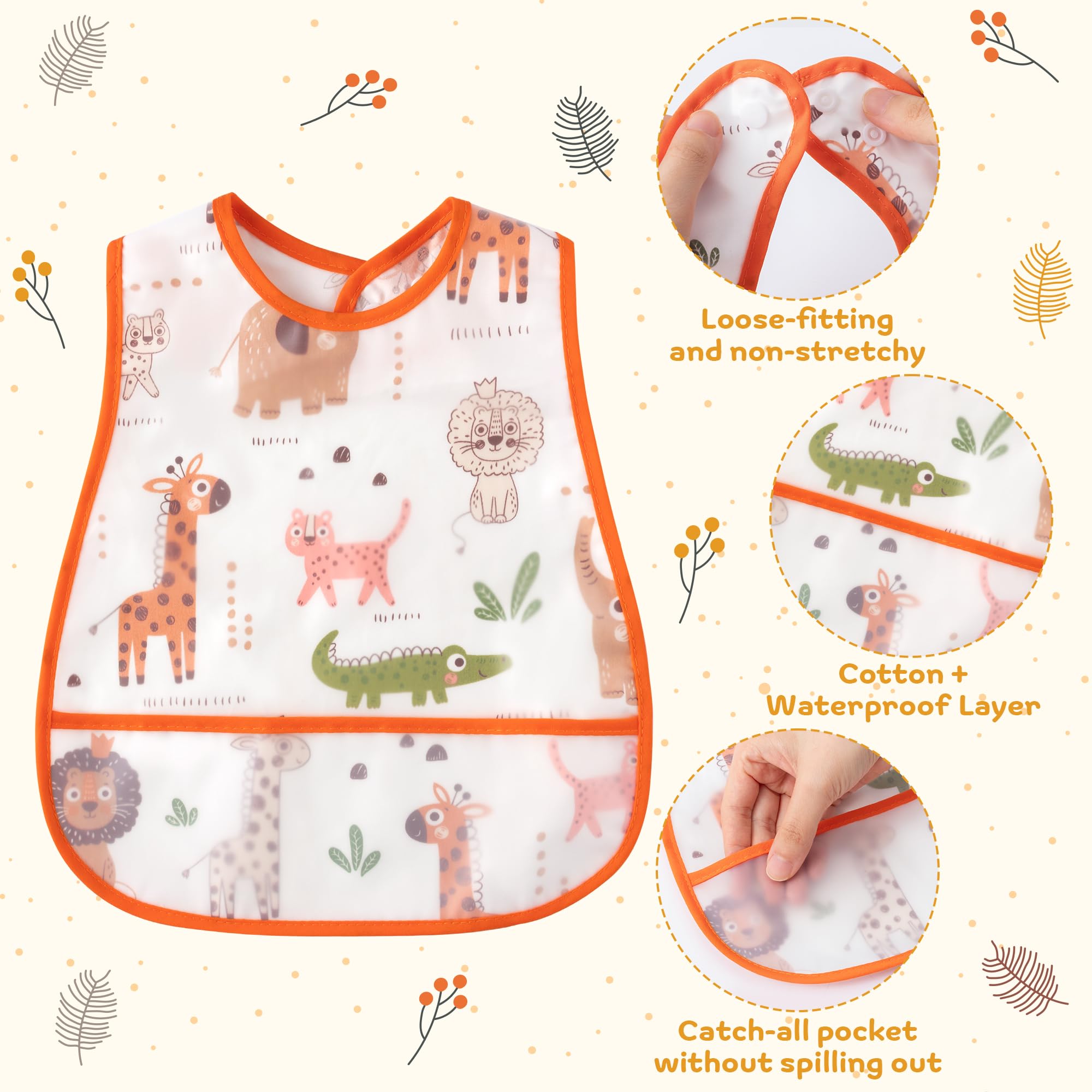 R HORSE adjustable snap-button bibs fit 6-24 months comfortably.