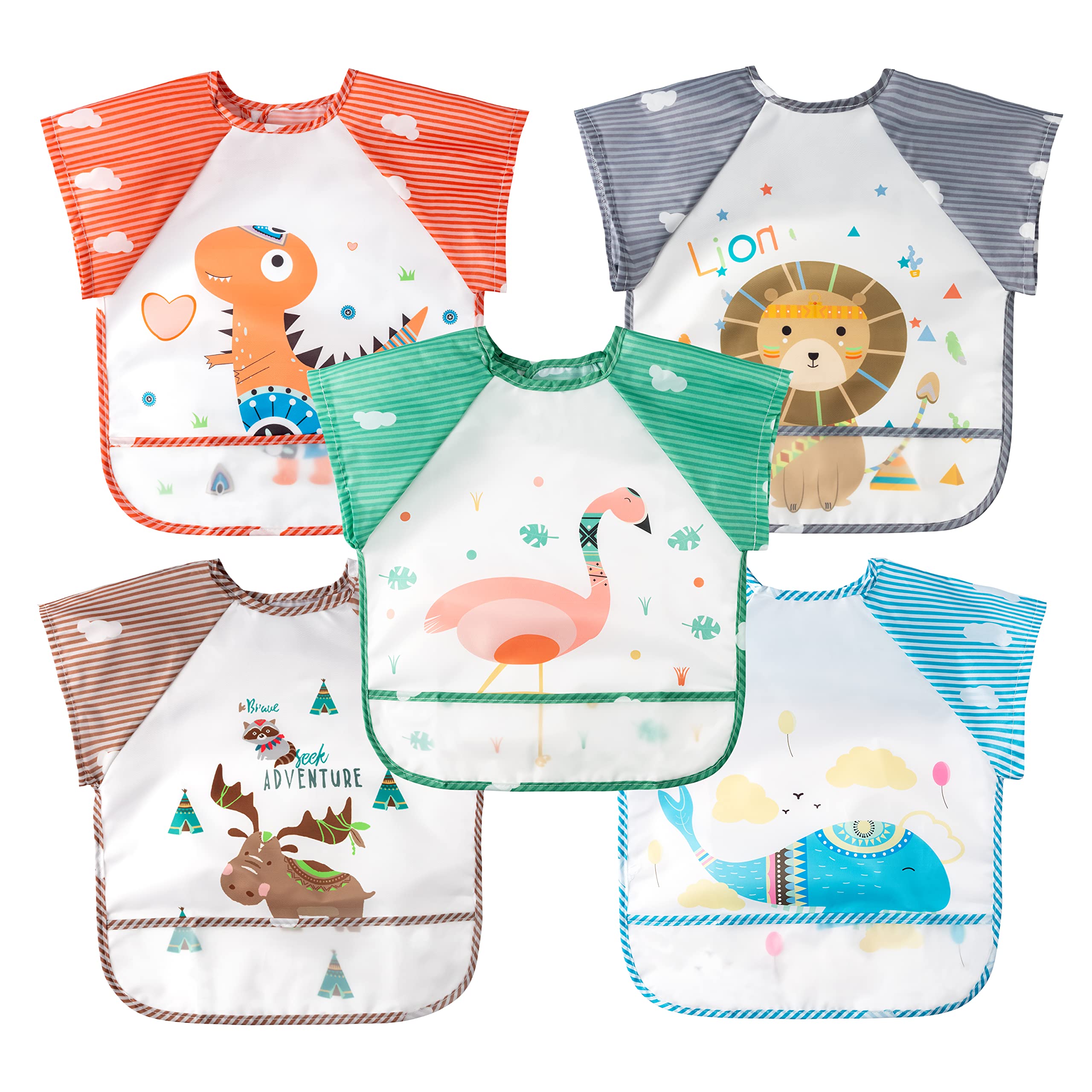 R HORSE bib set with dinosaur pattern keeps clothes clean during meals.
