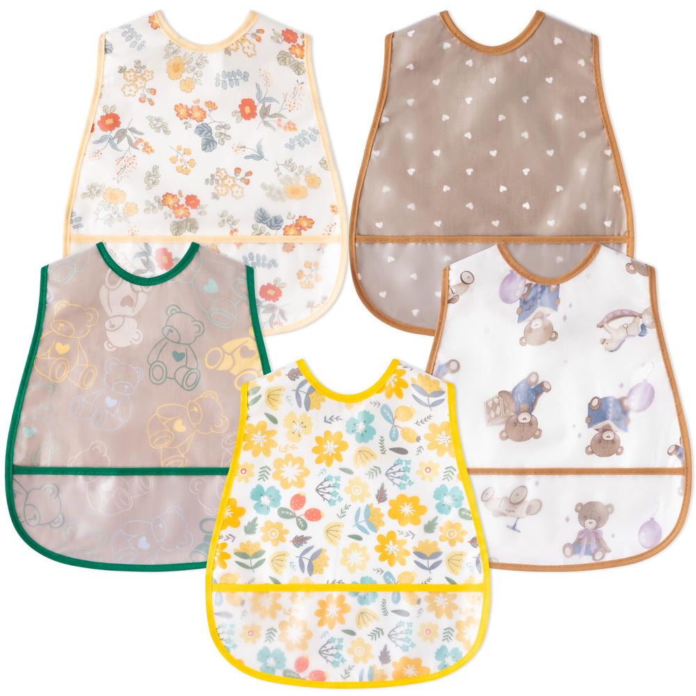 R HORSE baby bib set laid flat with five playful patterns for easy mealtime mess control