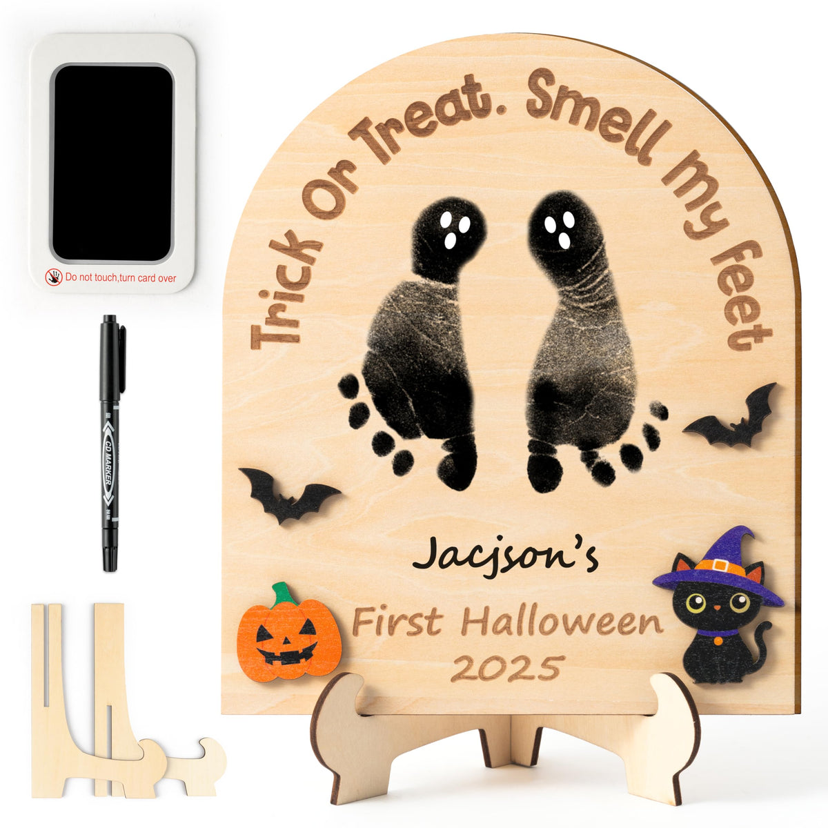 R HORSE footprint sign closeup shows a first Halloween keepsake for baby memory.