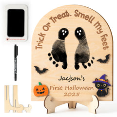R HORSE footprint sign closeup shows a first Halloween keepsake for baby memory.