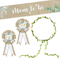 R HORSE neutral burlap mom to be sash for elegant baby shower styling.