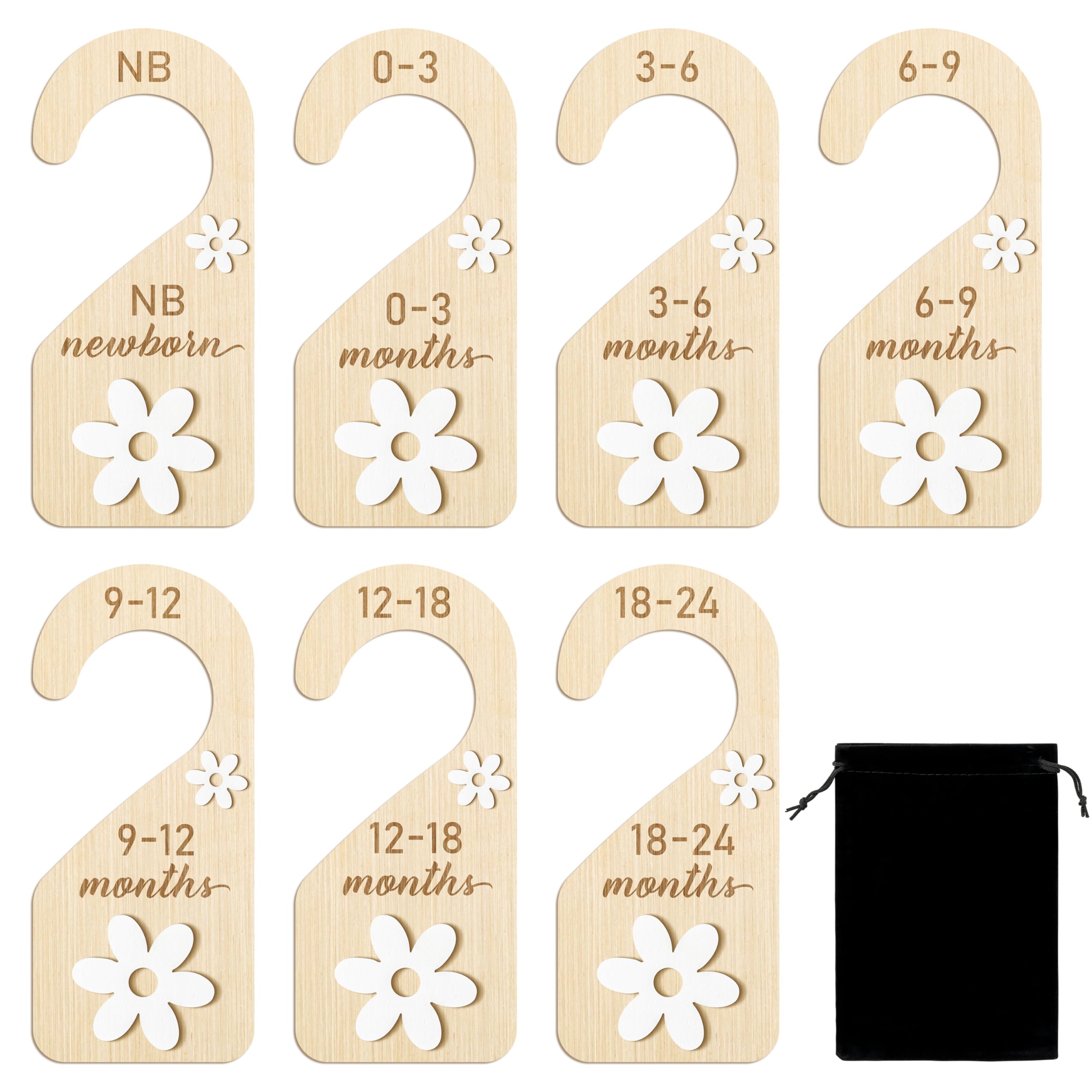 R HORSE wooden closet dividers with daisy design, aiding quick outfit sizing at a glance