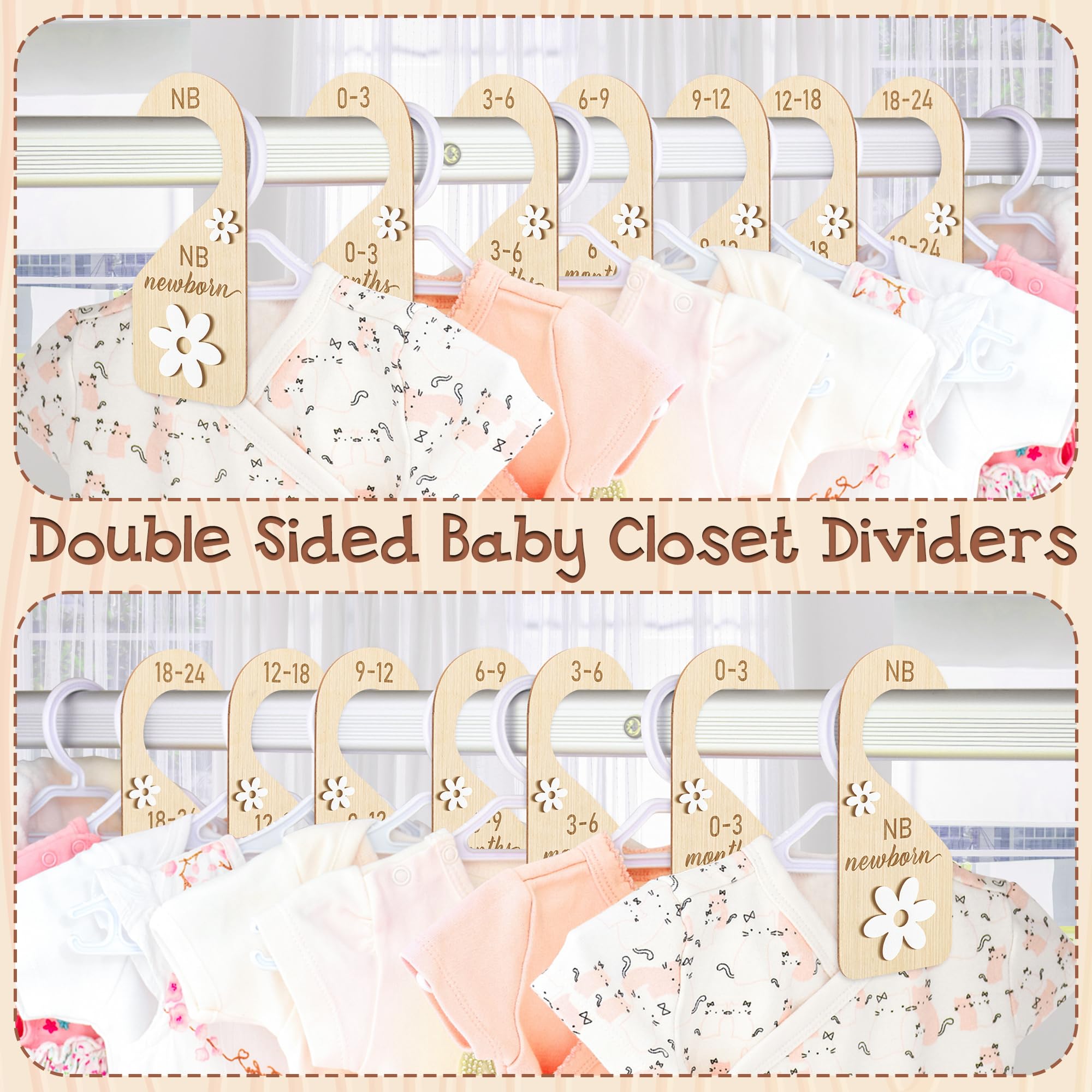 Hanging setup shows double-sided design to separate baby clothes efficiently
