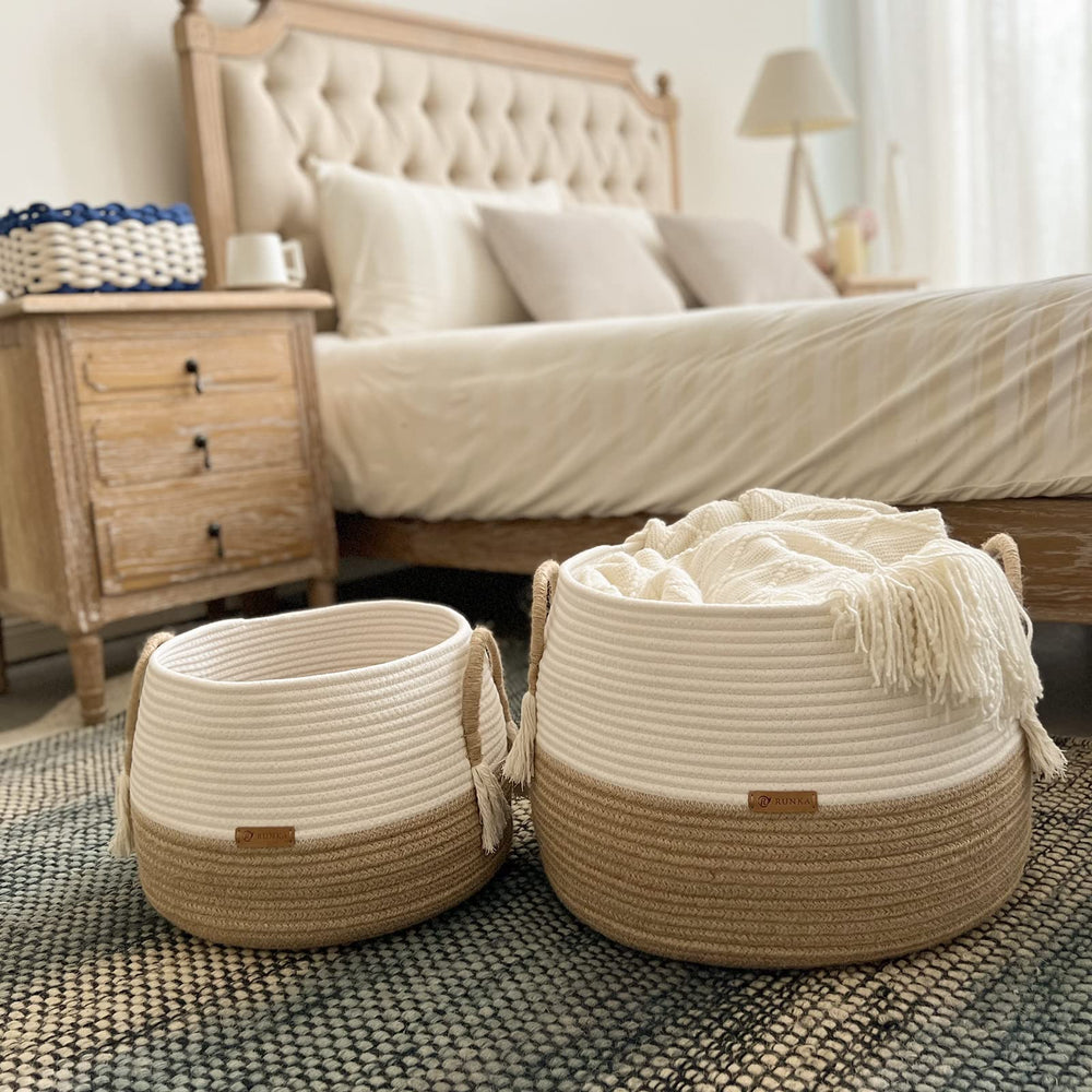 R RUNKA boho decor basket in bedroom adding texture and clutter-free charm.