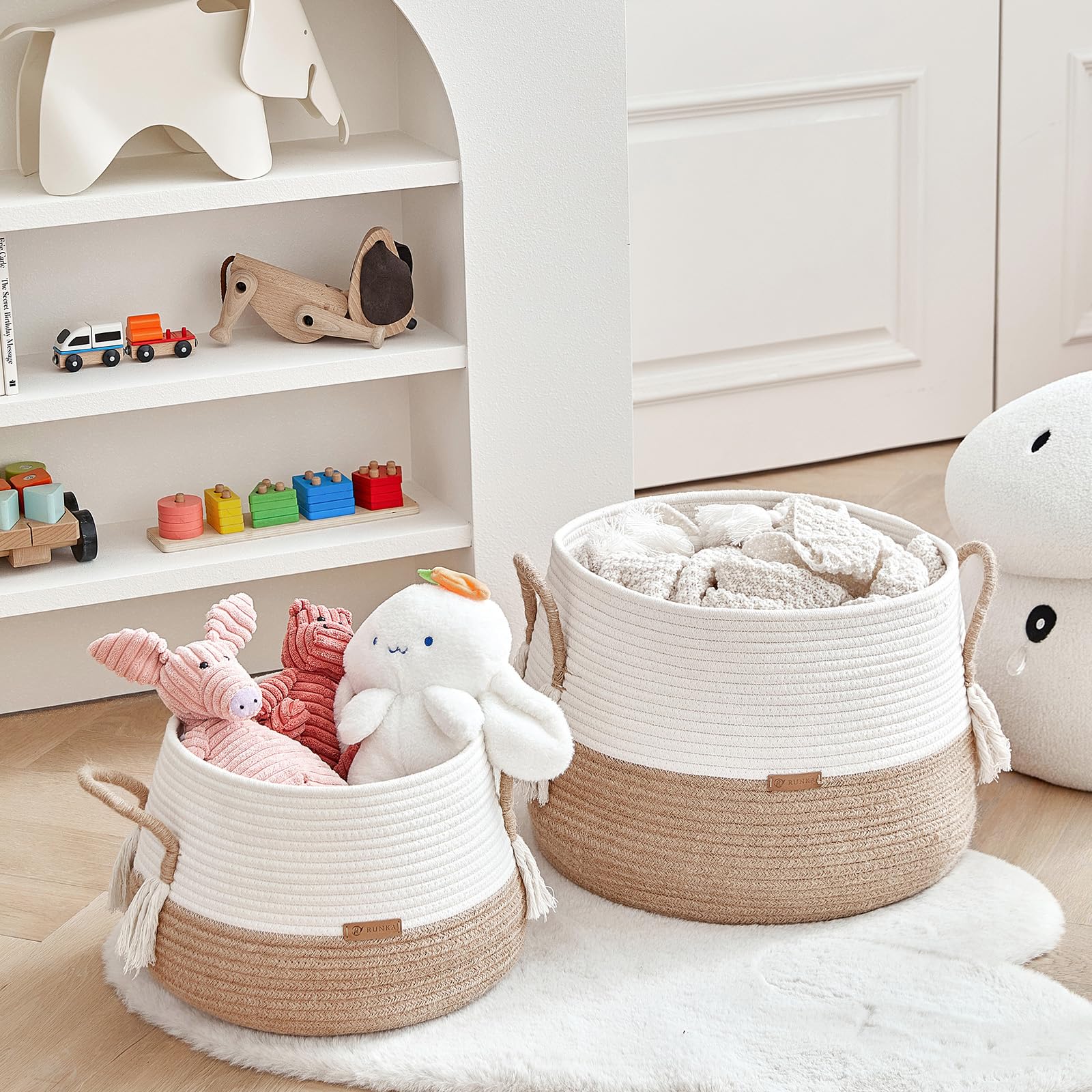 R RUNKA large woven basket close-up of cotton rope weave for durability and softness.