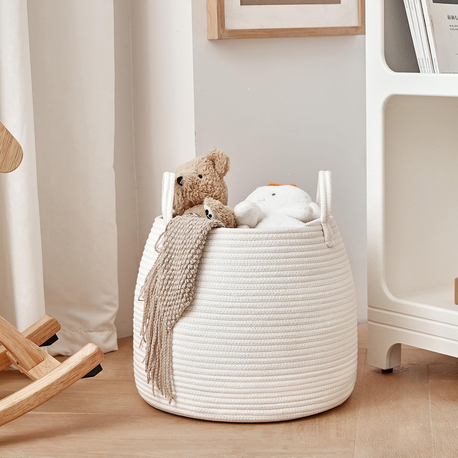 R RUNKA neutral color basket blends with boho, modern, and classic nurseries