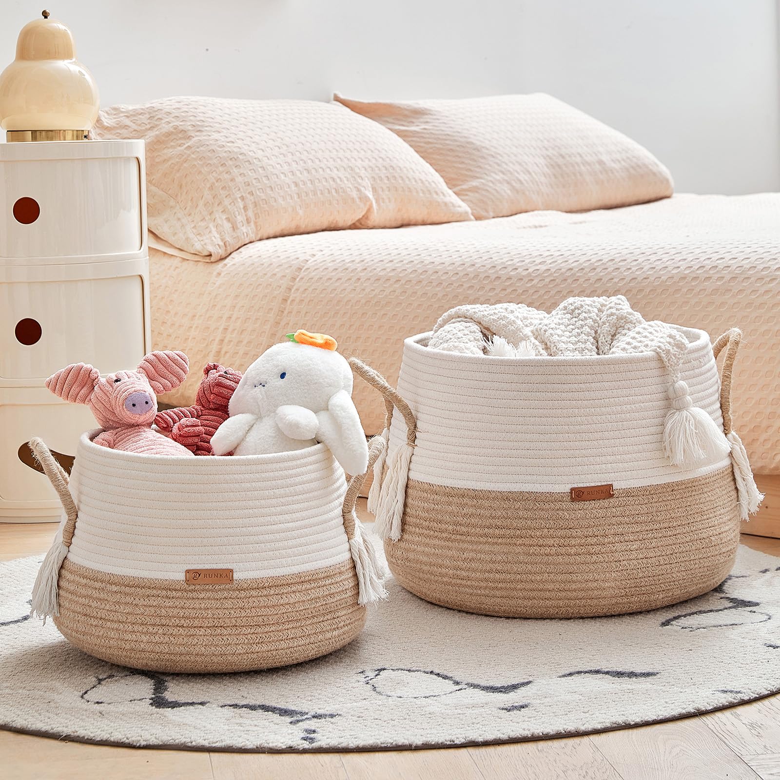R RUNKA under-shelf basket in nursery for tidy organization and easy access.