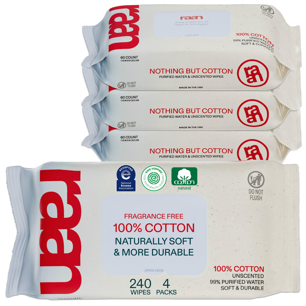 RAAN unbleached cotton wipes pack offers gentle yet durable cleansing for sensitive skin.