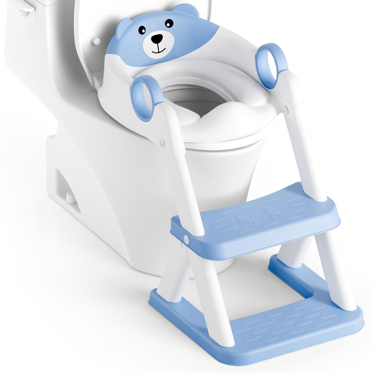 RABB 1ST potty seat blue splash guard demonstrates mess-minimizing potty time.