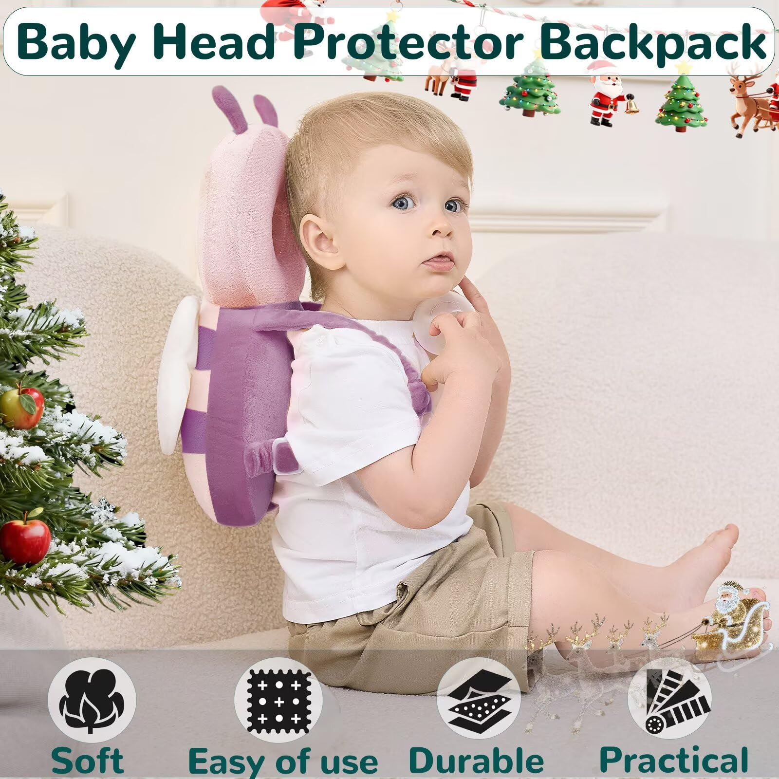 Raelitego baby head protector with adjustable straps on a toddler during play.