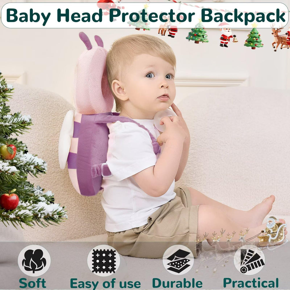 Raelitego baby head protector with adjustable straps on a toddler during play.