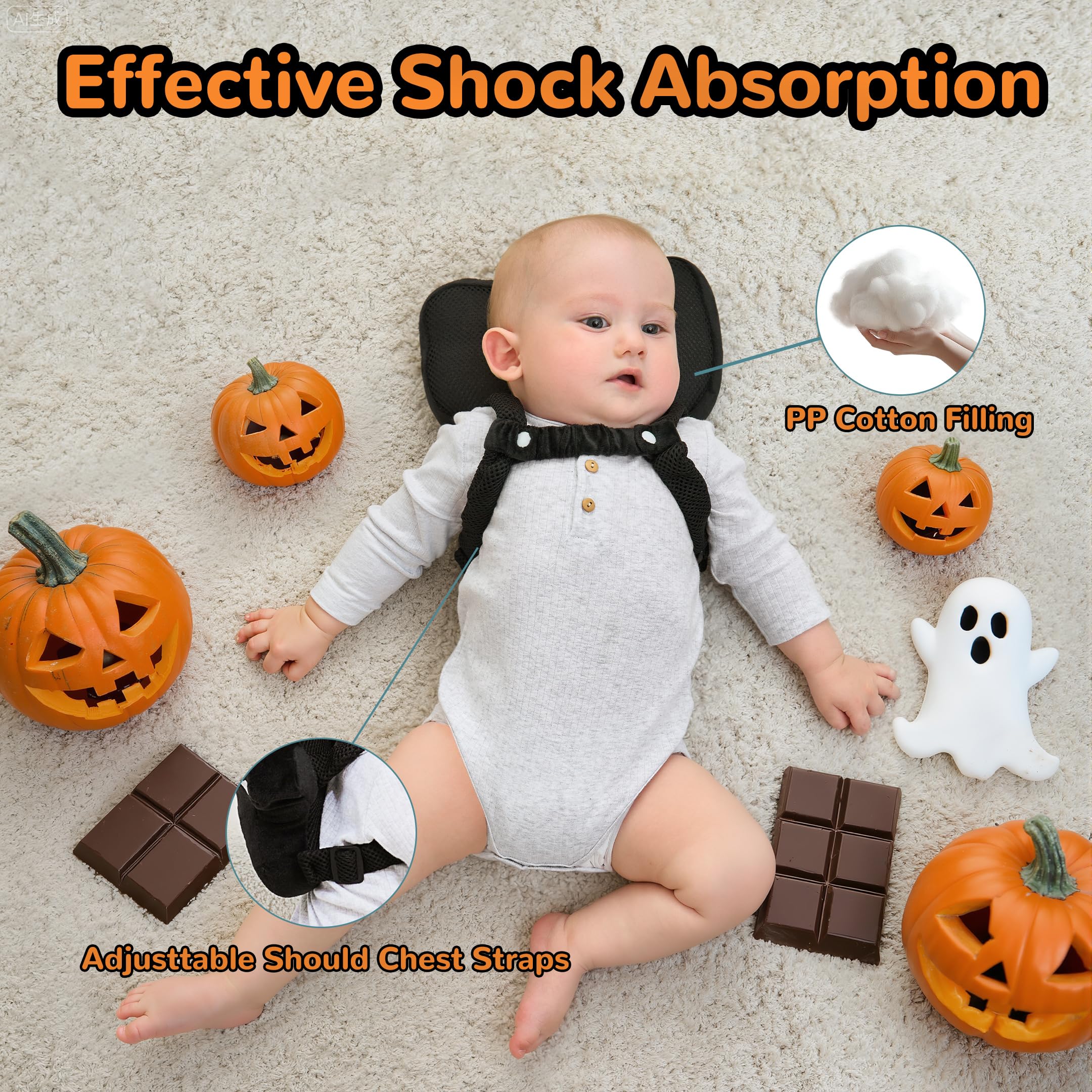 Raelitego head protector top-coverage provides soft protection during crawls.
