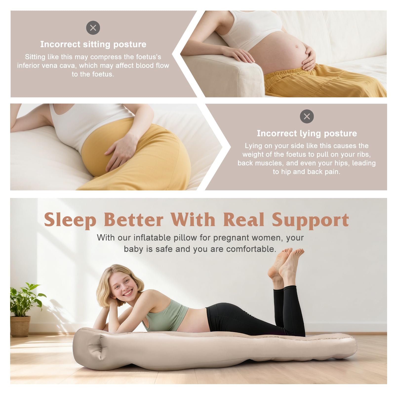 RAGANAWA brown full-head-hole pregnancy pillow demonstrates head support or placement.