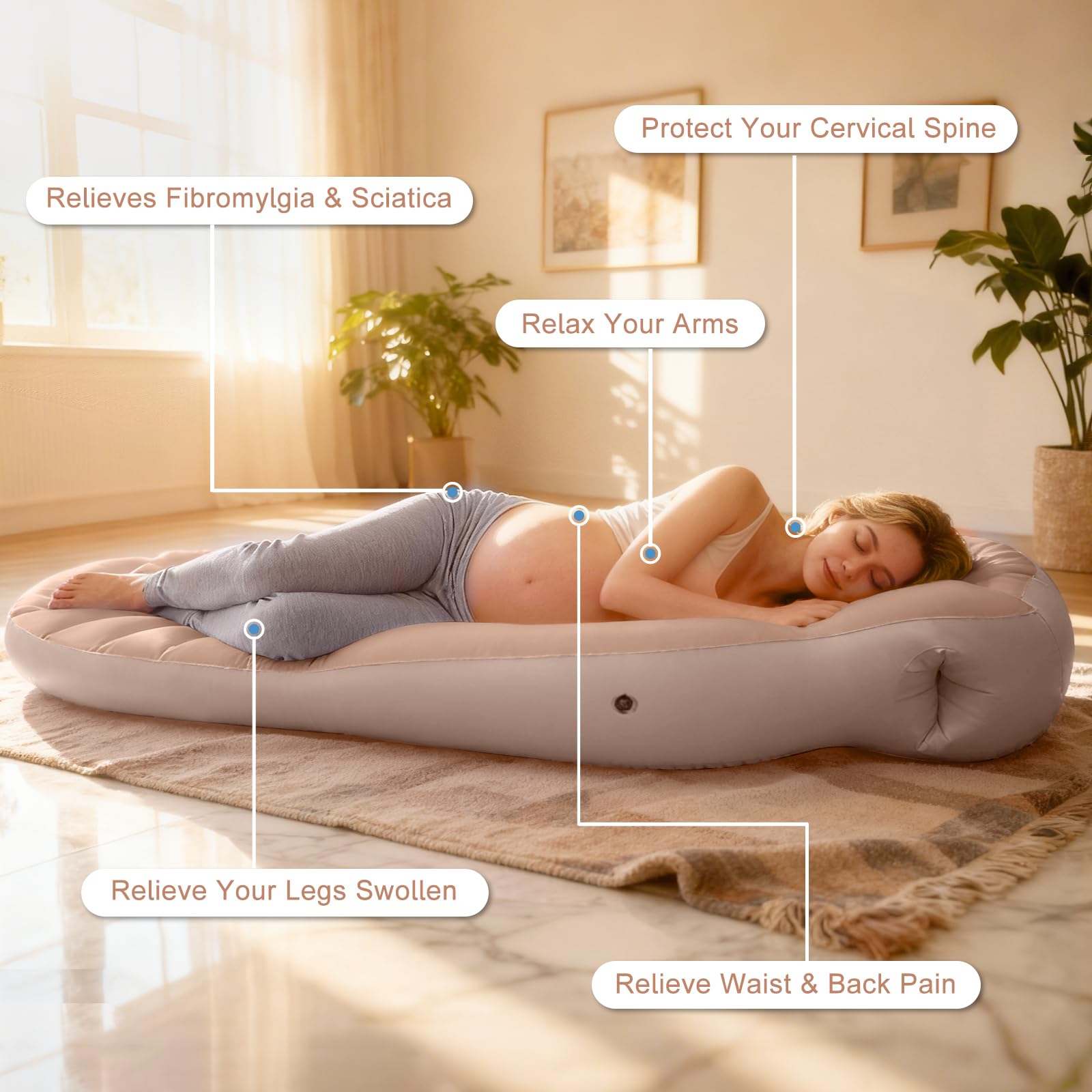 RAGANAWA brown pregnancy pillow belly-hole close-up shows belly support design.
