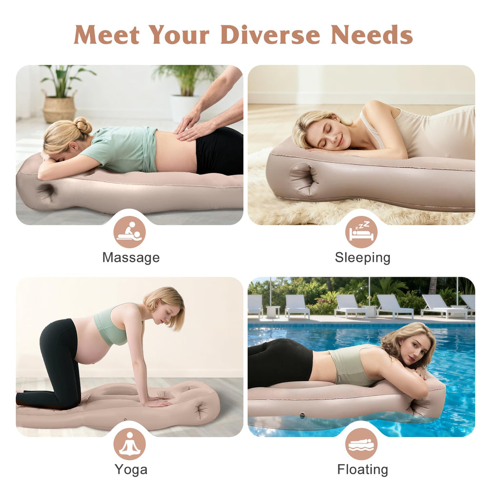 RAGANAWA brown pregnancy pillow inflation valves show adjustable firmness.