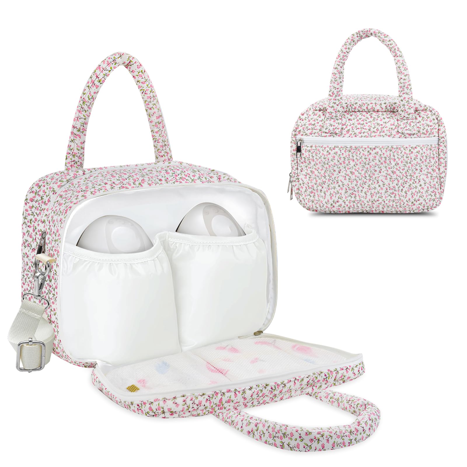 Rain Bunny wearable pump bag floral pink design secures Elvie and Momcozy pumps on the go.