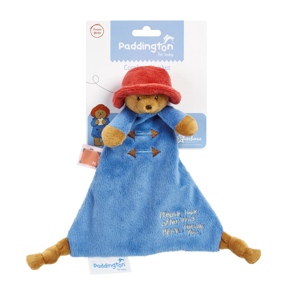 Rainbow Designs Paddington Comfort Blanket shows Paddington Bear’s face for soothing bedtime security
