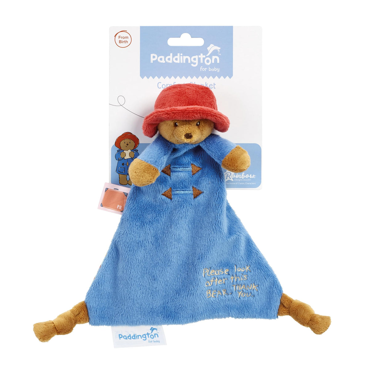 Rainbow Designs Paddington Comfort Blanket shows Paddington Bear’s face for soothing bedtime security