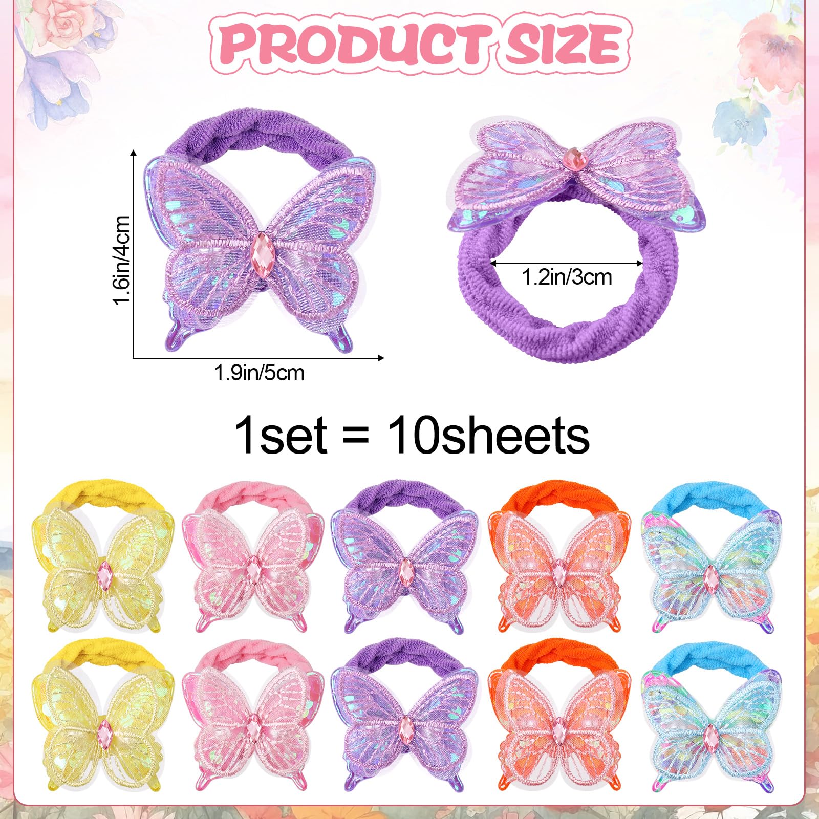 RAINBOW WSK butterfly hair ties close-up highlights sparkly sequins and color variety.