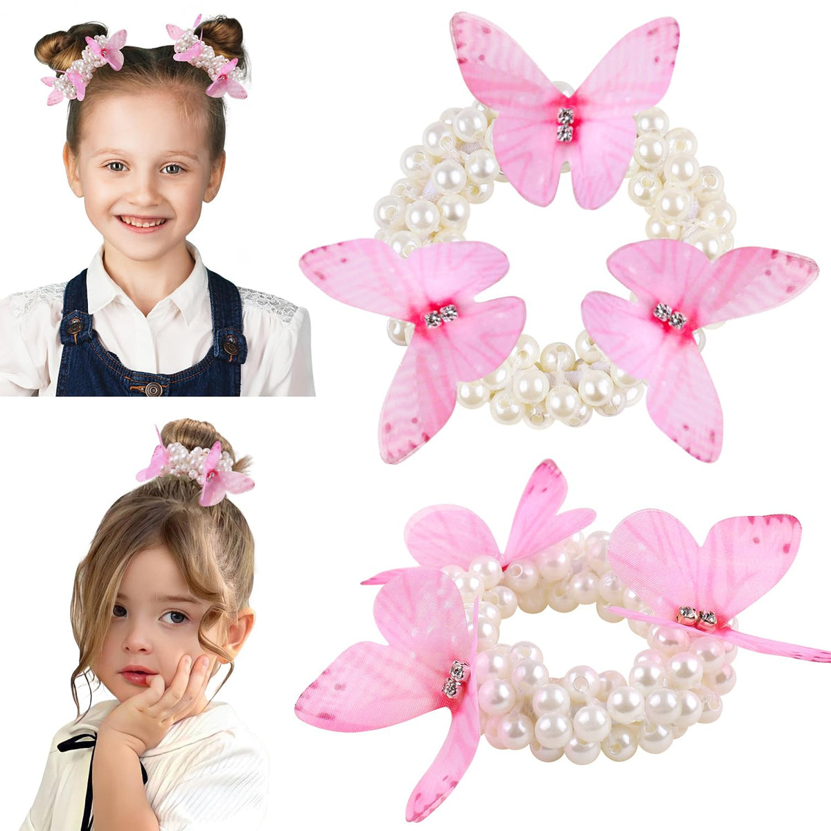 Rainbow WSK butterfly pearl hair ties in pink securely hold ponytails with gentle stretch