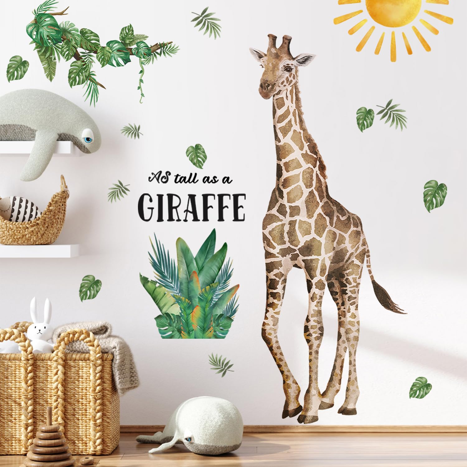 Rainbow WSK lifelike giraffe wall decal large size in kids' bedroom for playful jungle vibes.