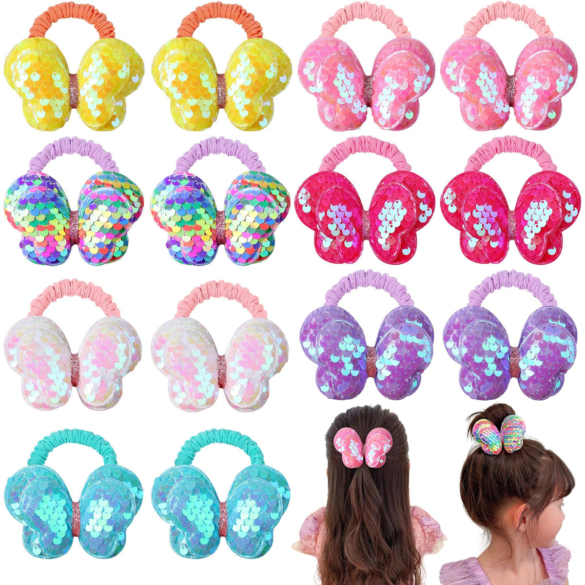 Rainbow WSK Pijin-14 butterfly hair ties, colorful set, easy daily styling.