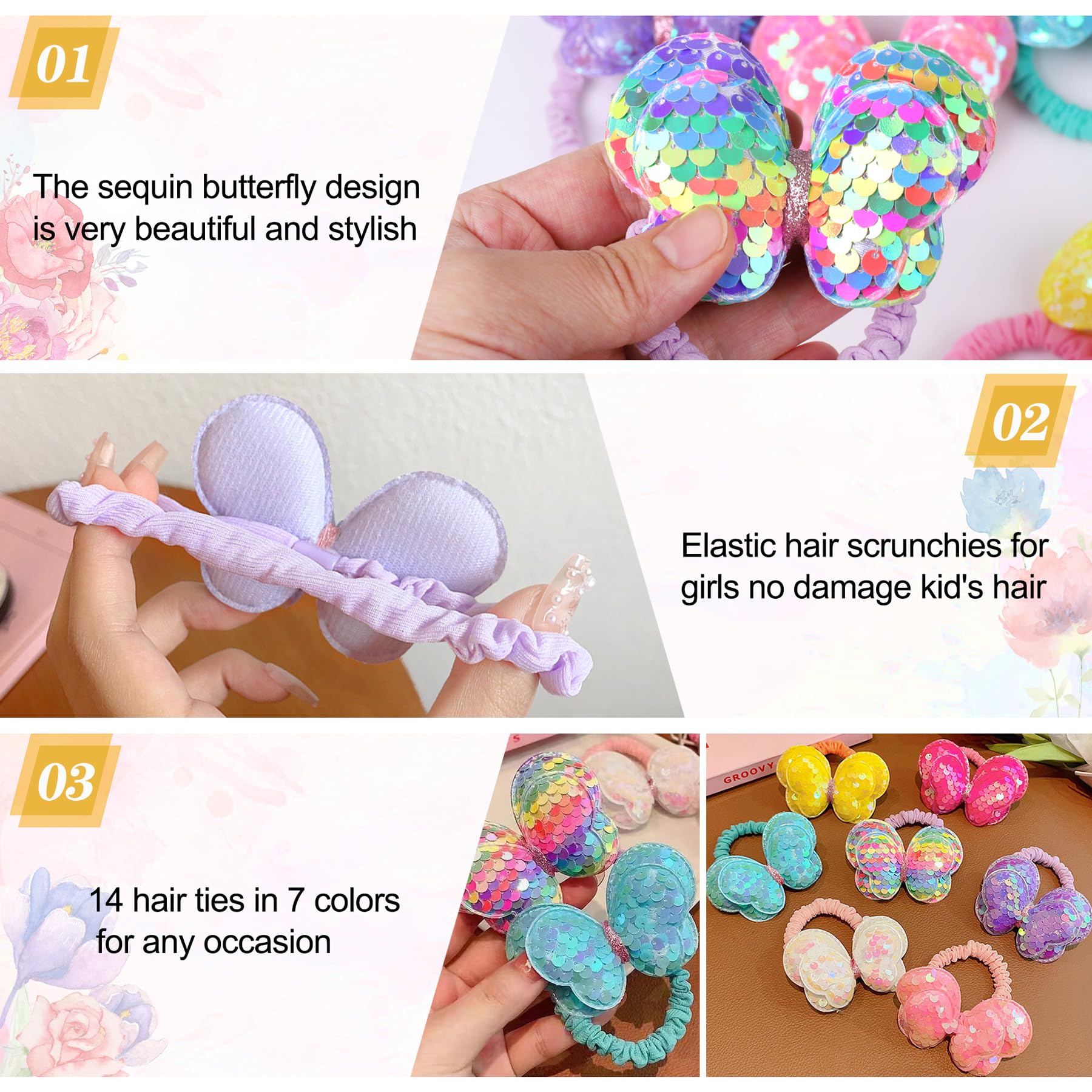 Rainbow WSK sequin bow hair ties for girls, decorative and reusable.
