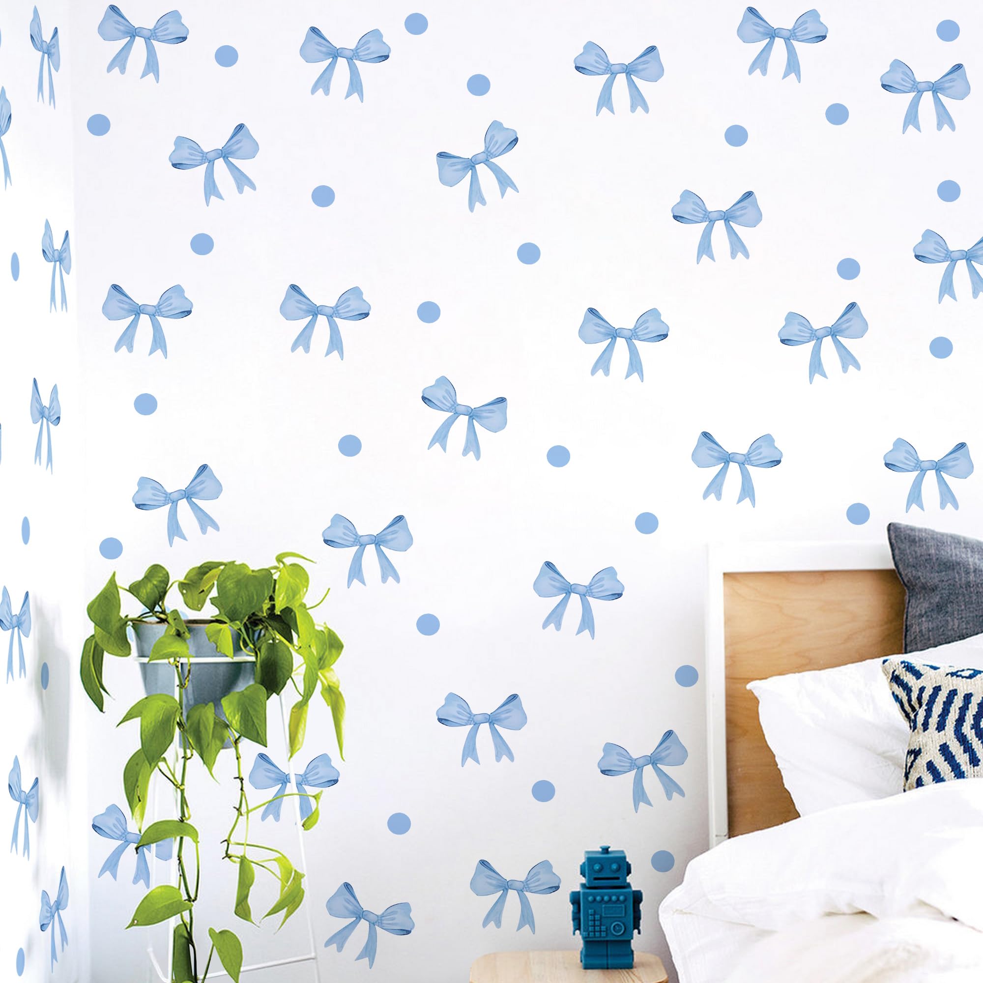 RAINBOW WSK watercolor bows blue detail creates soft bedroom backdrop.