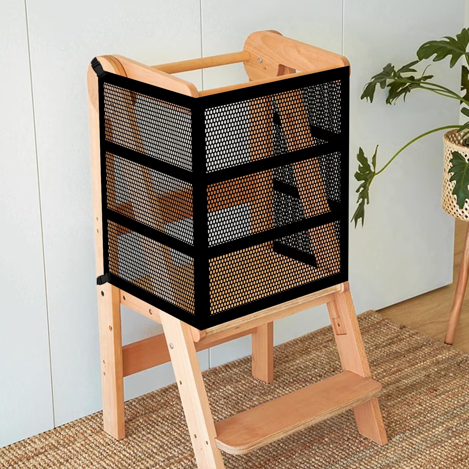 Rainmae Learning Tower safety net 3-sided protection surrounds the tower for safer play.