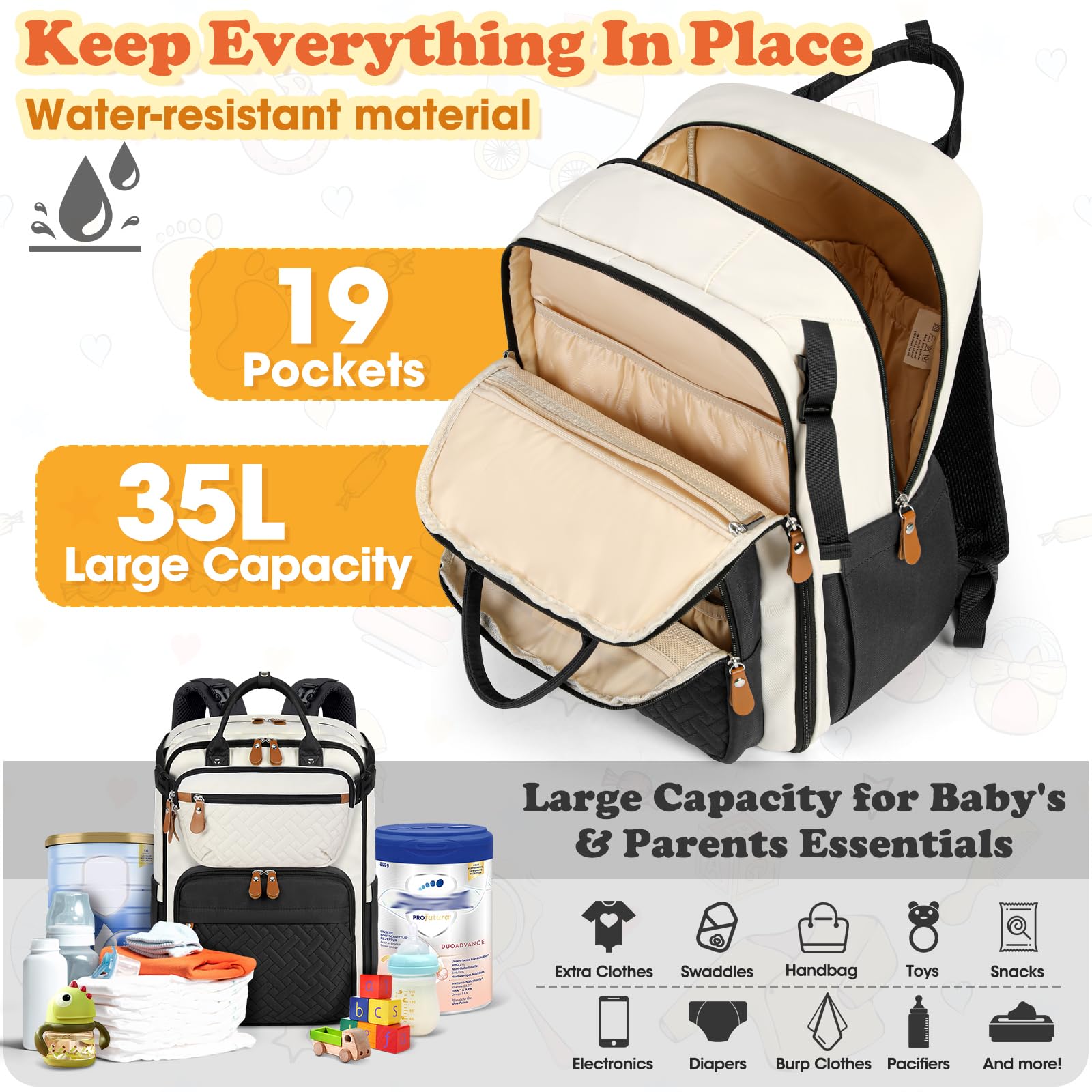 RAINSMORE 3-in-1 diaper bag converts to crossbody with built-in key fob.