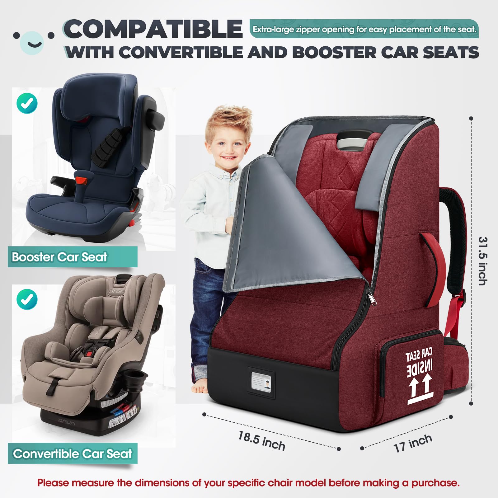 RAINSMORE car-seat-travel-bag dimensions diagram for planning travel