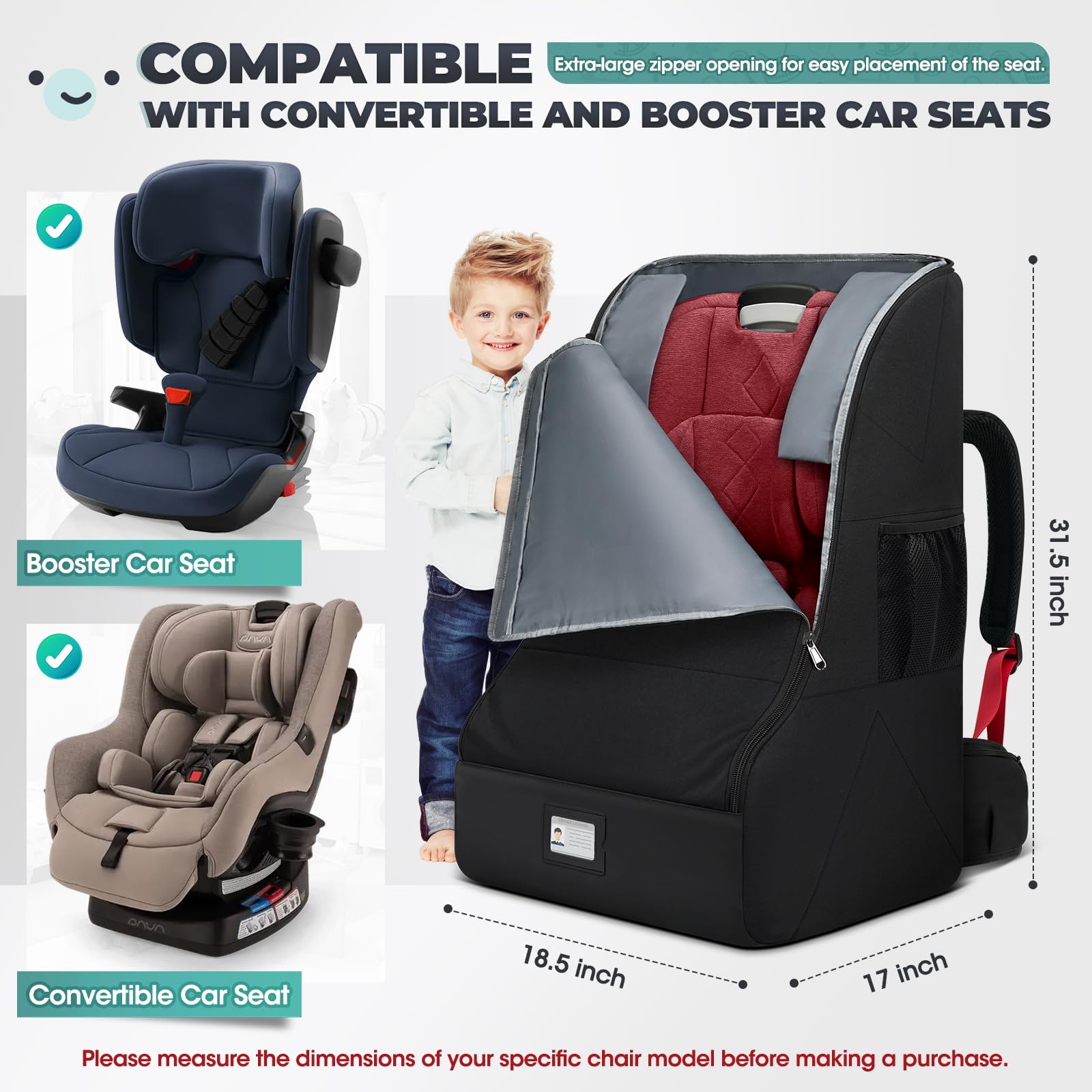 RAINSMORE car seat travel bag interior padding shows secure fit.