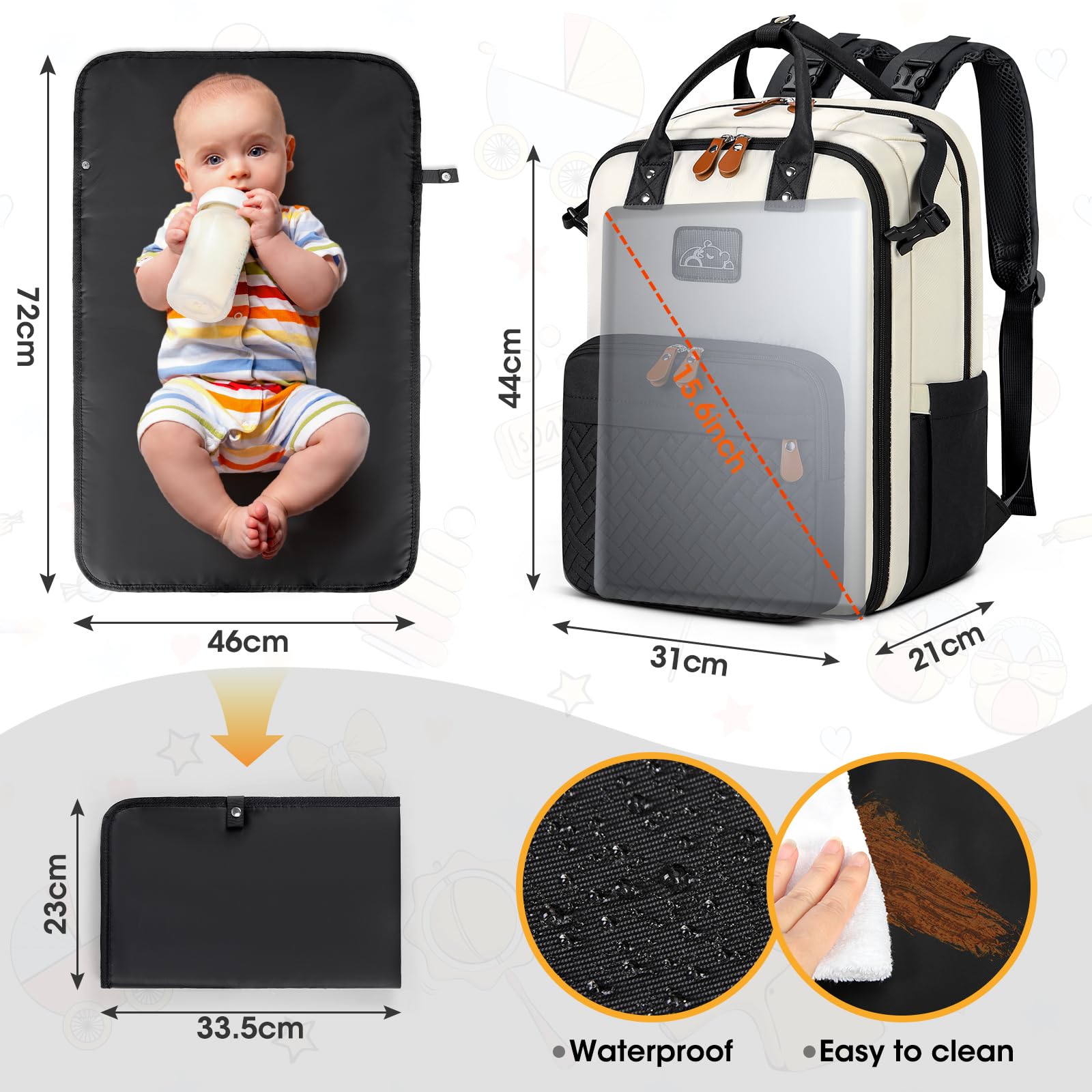 RAINSMORE diaper bag 180-degree opening laptop compartment fits up to 15.6 inches for easy work access.