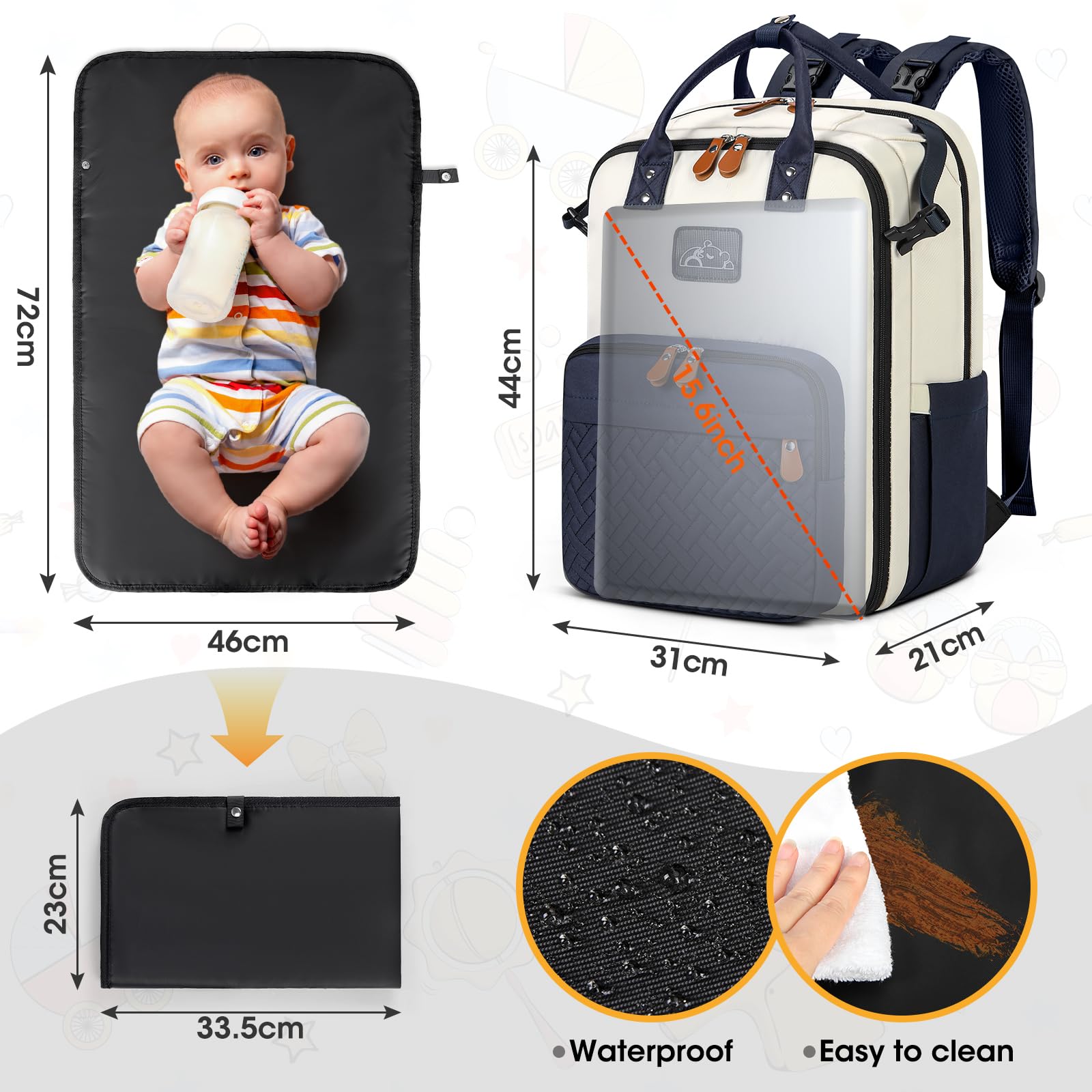 RAINSMORE diaper bag 180-degree-laptop-slot fits up to 15.6-inch laptops.