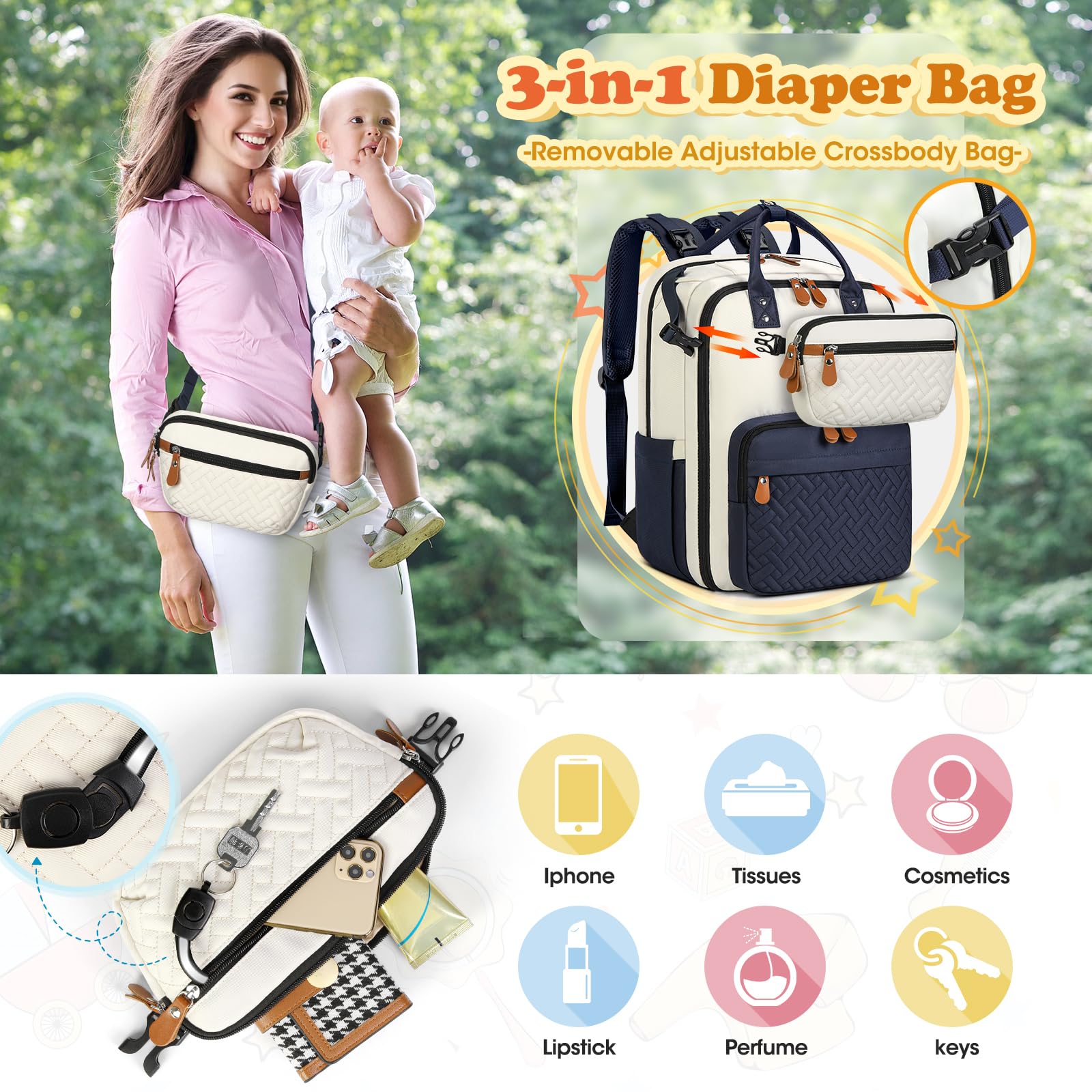 RAINSMORE diaper bag ergonomic-shoulder-straps reduce strain during long outings.